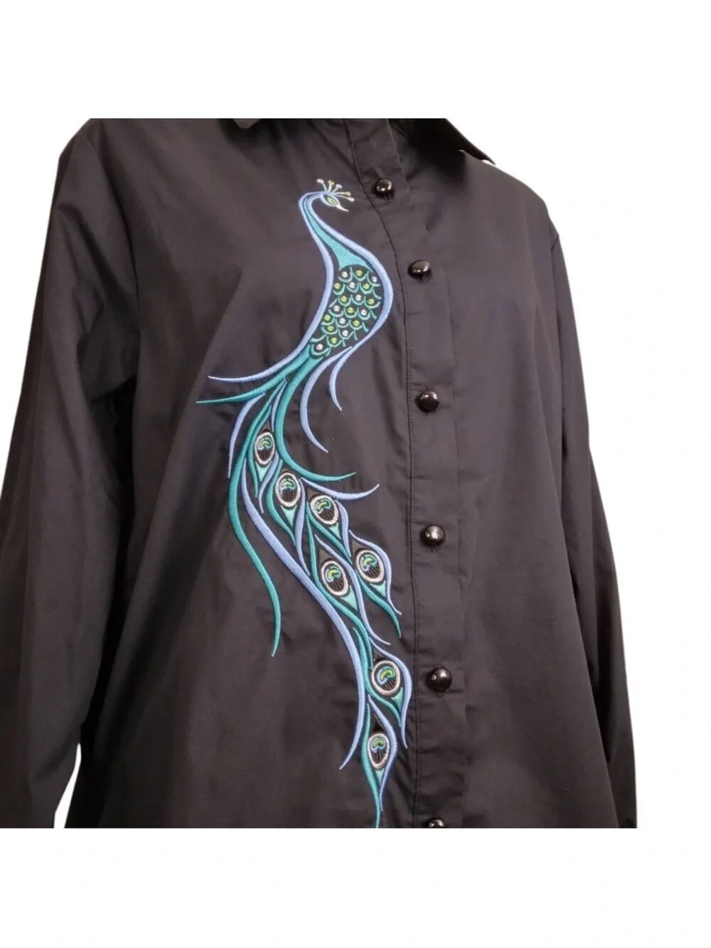 Bob Mackie Black Button-Front Shirt with Teal and Blue Peacock Motif